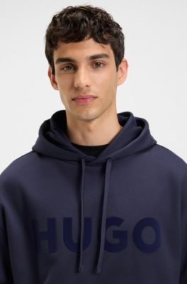 Tonal-logo hoodie in cotton terry, Dark Blue