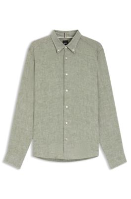 Camisa abotonada regular fit de lino, Verde