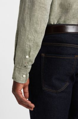 Camisa abotonada regular fit de lino, Verde