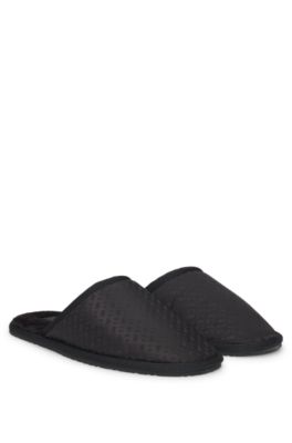 Hugo Boss Fleece-lined Slippers With Monogrammed Uppers And Open Back In Black