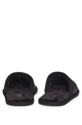 Fleece-lined slippers with monogrammed uppers and open back, Black