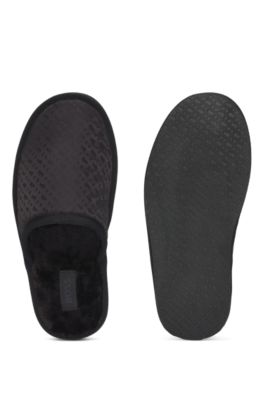 Fleece-lined slippers with monogrammed uppers and open back, Black