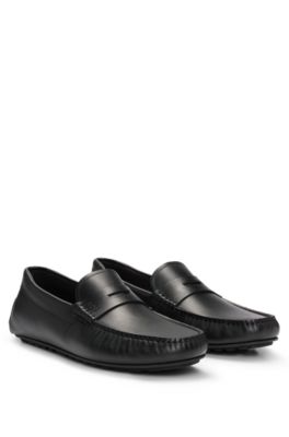 Hugo Boss Embossed-leather Slip-on Moccasins With Logo Detail In Black