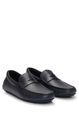 Hugo Boss Embossed-leather Slip-on Moccasins With Logo Detail In Dark Blue