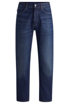 Regular-fit jeans in dark-blue stonewashed denim, Dark Blue