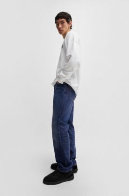 Regular-fit jeans in dark-blue stonewashed denim, Dark Blue