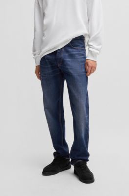 Regular-fit jeans in dark-blue stonewashed denim, Dark Blue