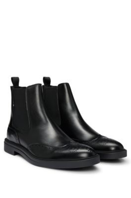 BOSS Leather Chelsea boots with brogue details and rubber sole Black