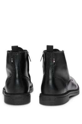 BOSS - Leather half boots with lining and brogue details - Black