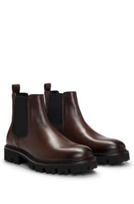 BOSS Burnished leather Chelsea boots with logo detail Dark Brown