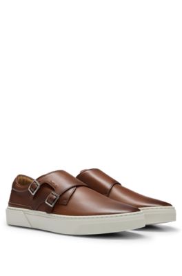 Burnished-leather trainers with double monk strap, Brown