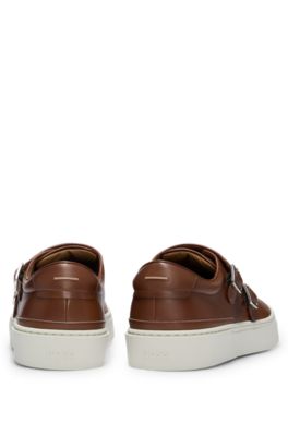 Burnished-leather trainers with double monk strap, Brown
