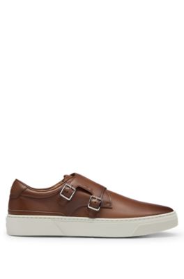 Burnished-leather trainers with double monk strap, Brown