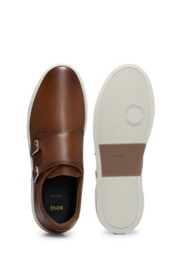 Burnished-leather trainers with double monk strap, Brown