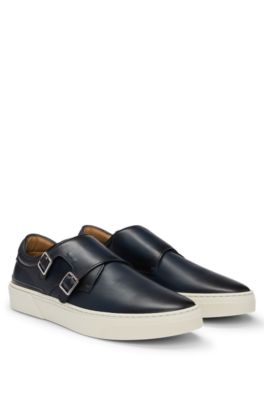 Hugo Boss Burnished-leather Trainers With Double Monk Strap In Dark Blue