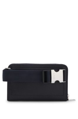 Bolso cruzado de piel italiana con logo en metal pulido, Azul oscuro