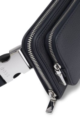 Bolso cruzado de piel italiana con herrajes plateados, Azul oscuro