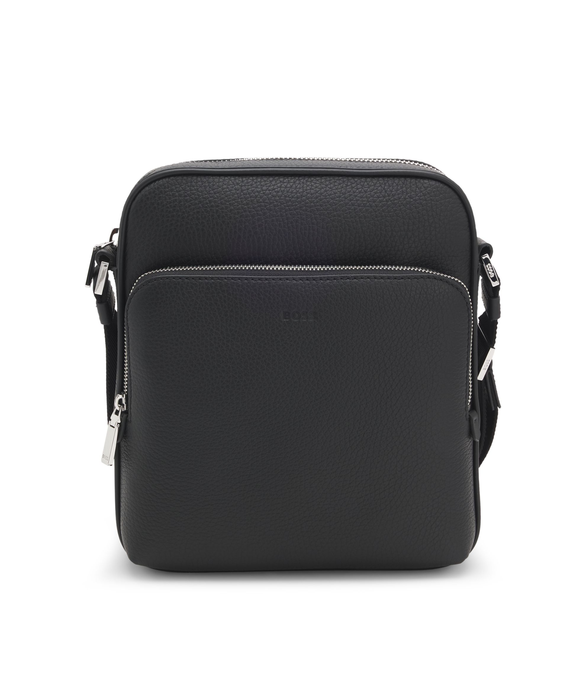 BOSS - Embossed-logo reporter bag in Italian leather - Black