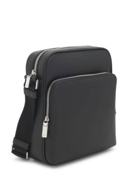 Bolsa de reportero de piel italiana de grano natural, Negro