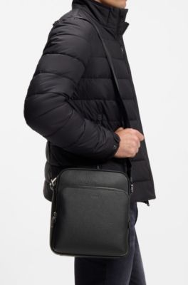 Bolsa de reportero de piel italiana de grano natural, Negro