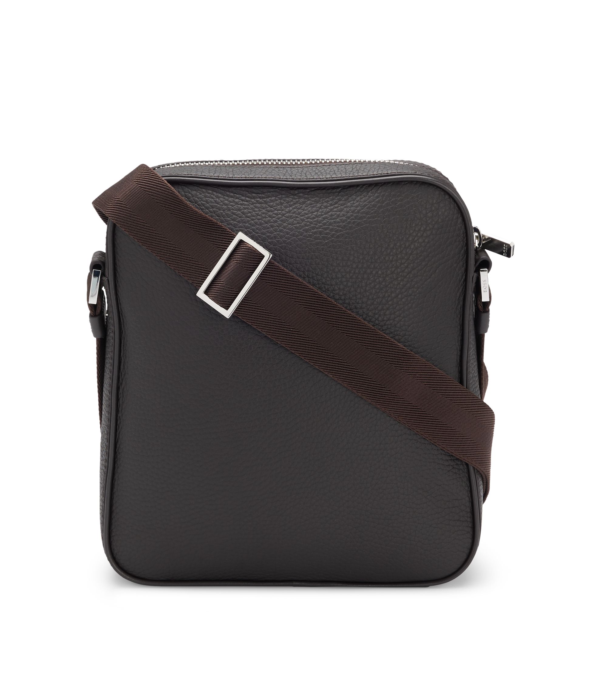 BOSS Embossed-logo reporter bag in Italian leather Dark Brown