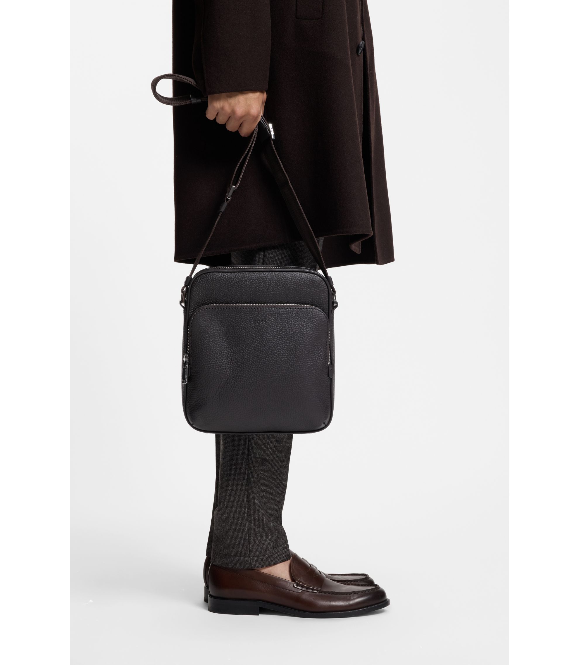 BOSS Embossed-logo reporter bag in Italian leather Dark Brown