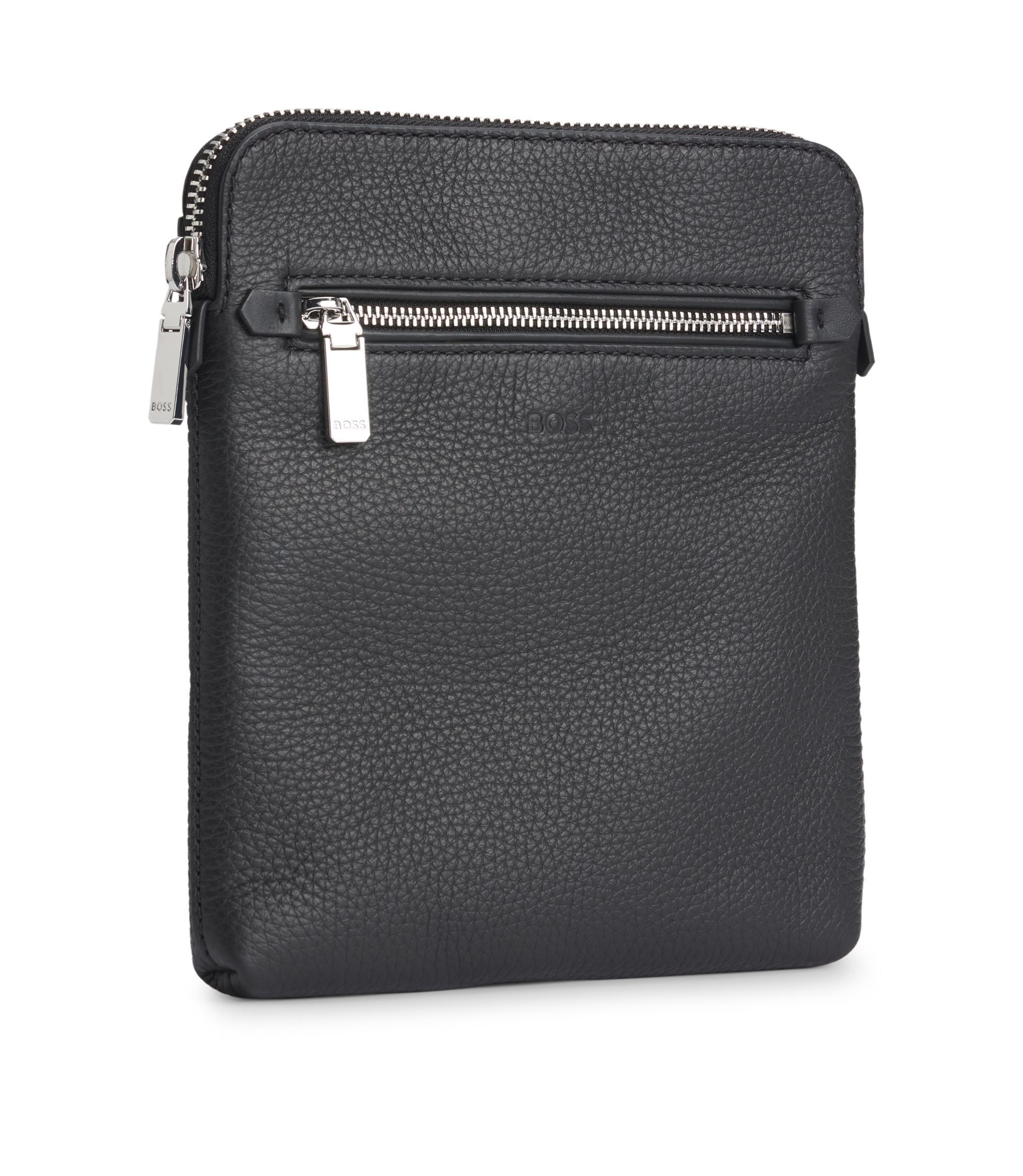 BOSS - Embossed-logo envelope bag in Italian leather - Black