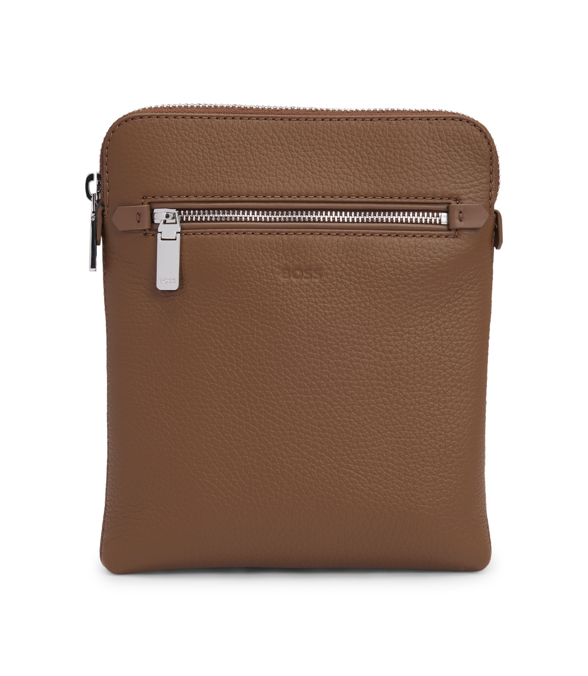 BOSS Embossed-logo envelope bag in Italian leather Brown