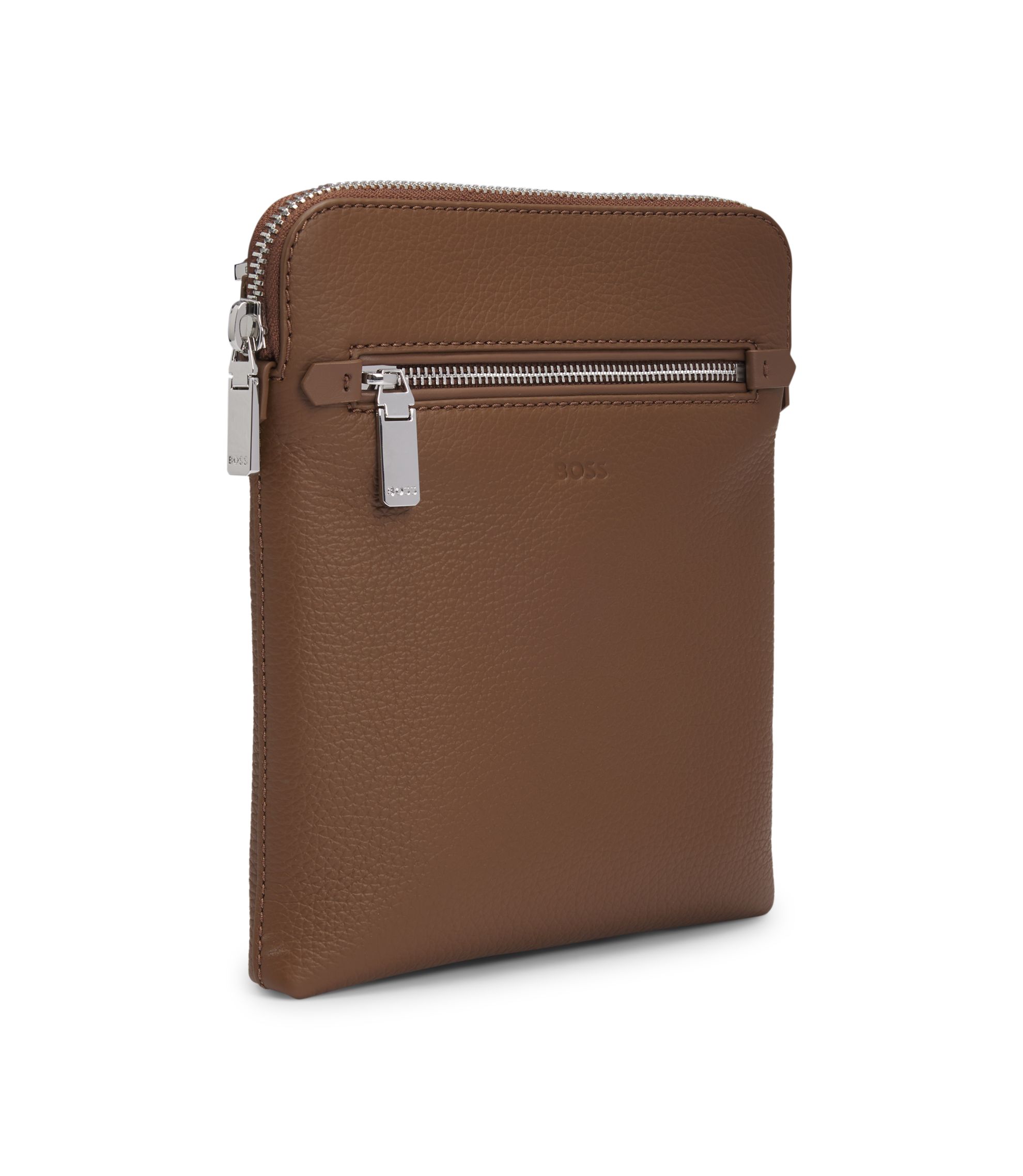 BOSS - Embossed-logo envelope bag in Italian leather - Brown