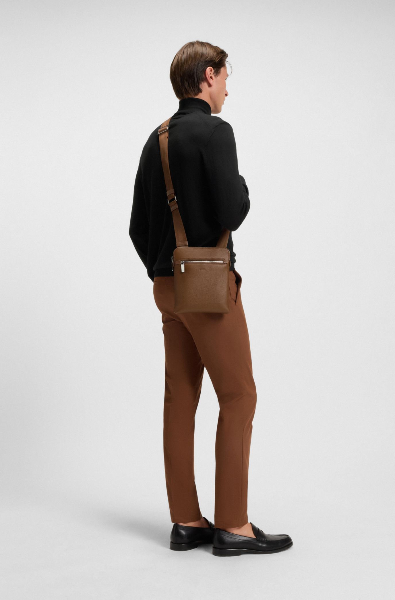 BOSS - Embossed-logo envelope bag in Italian leather - Brown