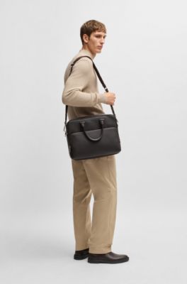 Porte-documents en cuir grain&eacute; avec logo en relief, Marron fonc&eacute;