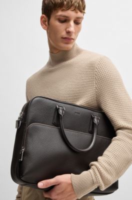 Porte-documents en cuir grain&eacute; avec logo en relief, Marron fonc&eacute;