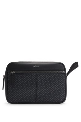 Faux-leather washbag with monogram-print front pocket, Black