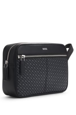 Faux-leather washbag with monogram-print front pocket, Black