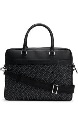 Monogram-panel document case with silver-foil logo, Black