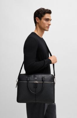 Monogram-panel document case with silver-foil logo, Black