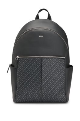 BOSS Faux leather backpack with monogram print front pocket Black