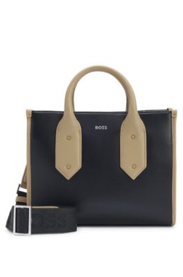 Two-tone faux-leather tote bag with signature details, Black