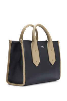 Two-tone faux-leather tote bag with signature details, Black