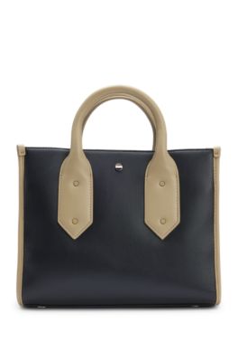 Two-tone faux-leather tote bag with signature details, Black