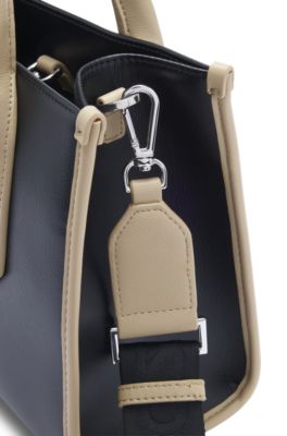 Two-tone faux-leather tote bag with signature details, Black