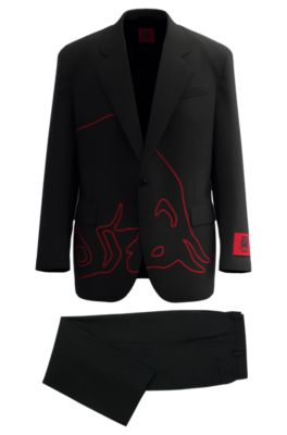 HUGO x RB oversize-fit suit with appliqu&eacute; bull motif, Black