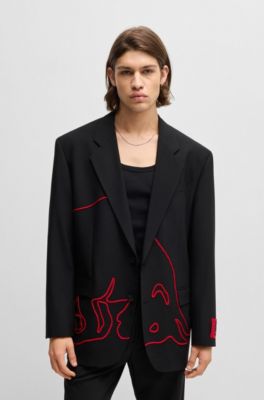 HUGO x RB oversize-fit suit with appliqu&eacute; bull motif, Black