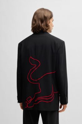 HUGO x RB oversize-fit suit with appliqu&eacute; bull motif, Black
