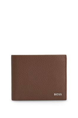 Metal-logo wallet in grained leather, Brown