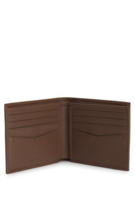 Cartera plegable de piel granulada con logo met&aacute;lico, Marr&oacute;n