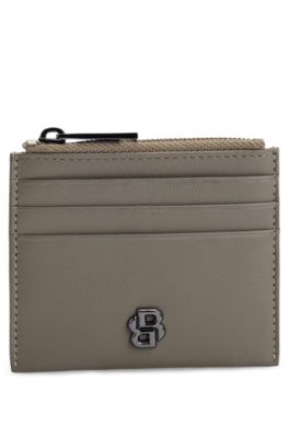 Hugo Boss Matte-leather Card Holder With Double B Monogram In Khaki