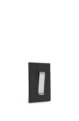 Money-clip card holder in grained leather, Black