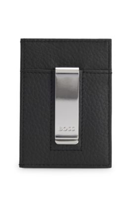 Money-clip card holder in grained leather, Black