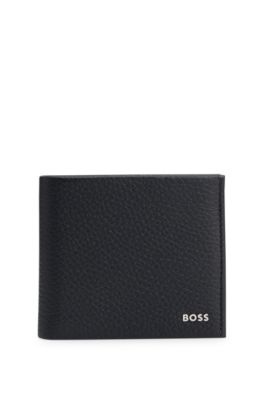 Grained-leather wallet with metal logo lettering, Black